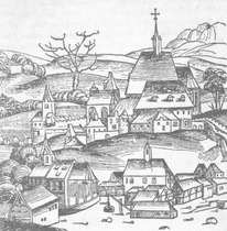 Hrzdn domy v  Praze. Schedelova kronika, 1493