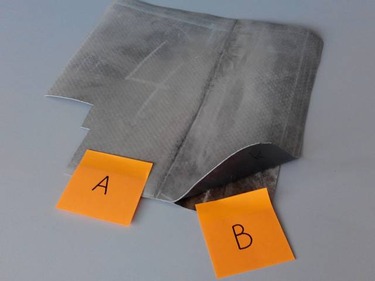 Obr. . 1: Fotografie dodanch vzork PVC hydroizolanho povlaku s oznaenm kryt a nekryt sti flie