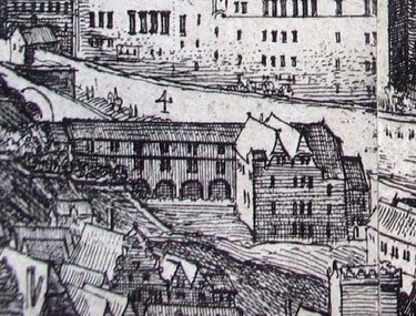 Obr. 3 – Klter theatin: vsek z Hollarova prospektu (1630), klter se zahradou byl postaven na skaln terase jinho svahu hradansk ostrony (pohled ze zpadu)