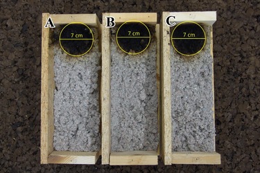 Obr. 5.: Oblas tlenia vzoriek s uzatvorenou kontrukciou: A – vzorka s objemovou hmotnosou celulzy 50 kg.m⁻³; B – vzorka s objemovou hmotnosou celulzy 60 kg.m⁻³; C – vzorka s objemovou hmotnosou celulzy 70 kg.m⁻³