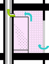 Obr. 9 Obraz proudění vzduchu při odsávání umístěném nad sprchovacím koutem (řez místnosti)