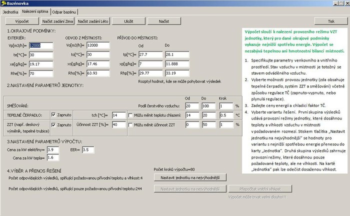 Obr. 2 Ukázka modulu pro optimalizaci výpočtů v konkrétním případě pro letní období