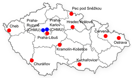 Obr. č. 1: Mapa ČR s vyznačením posuzovaných klimatických stanovišť