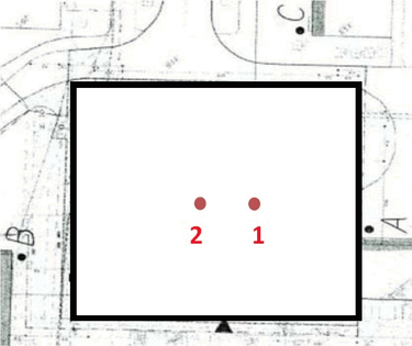 Obr. 8 – Poloha střešních ventilátorů vyznačená červenými body „1“ a „2“