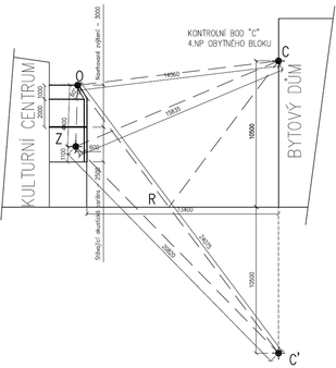 Obr. 13 – Geometrie akustické bariéry a významných bodů pro výpočet útlumu