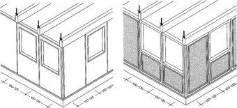 Obrzek 1.4 Mal stnov panely (podle [4]): vlevo – s plti; vpravo – bez vnjch plṻ (vpravo jsou patrn dutiny mezi sloupky, kter se vyuvaj pro izolaci)