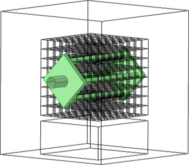 Obr. 1b Geometrie tepelnho loit. Betonov/granitov monoblok zaujm stejn objem jako granitov kostky s TVG. Jdro erven, soustava tepelnho vmnku zelen.