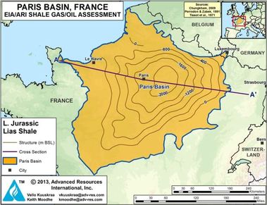 Obrázek 15 – Pařížská pánev s největším výskytem břidlicového plynu ve Francii