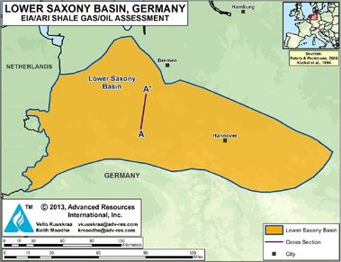 Obrázek 16 – Dolnosaská pánev obsahující ložiska břidlicového plynu, Německo