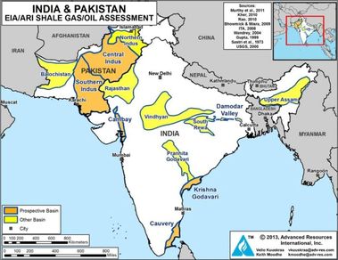 Obrázek 2 – Ložiska břidlicového plynu v Indii a Pákistánu