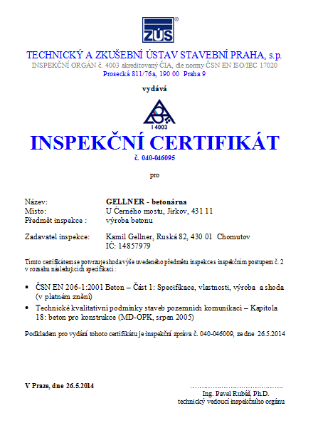 Obr. . 1: Vzor inspeknho certifiktu betonrny