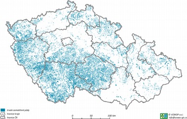 Obr. č. 2 – Trvale zamokřené půdy v ČR. Zdroj: http://www.vumop.cz/sites/File/Katalog_Map/20130529_katalogMap_Hydrologicke_charakteristiky.pdf