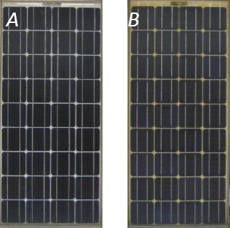 Obr. 3: Solární moduly s rozdílnou barvou fólie EVA A – (A5-13), B – (A5-07)