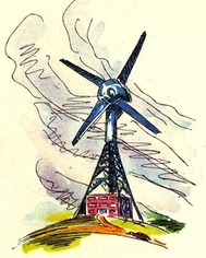 Představy ilustrátorů o větrných elektrárnách budoucnosti z knihy J. A. Bati (1937)