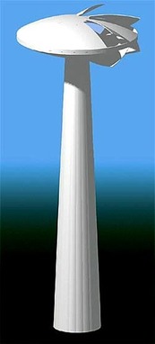 Obr. 09 Projekt větrné elektrárny ROSWELL s plánovaným výkonem 15 kW a diskutabilním systémem rotoru s klapkami na vertikální ose dospěl jen do stadia rozpracovaného stožáru. Přesto byl oceněn jako „Výrobek roku 2006“… (repro archiv)