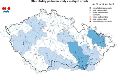 Obr. 2 Stavy hladin podzemní vody v mělkých vrtech – únor 2015