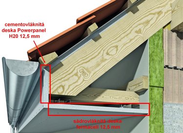 Detail řešení podhledu při namáhaní konstrukce zavěšeného podhledu pouze vzdušnou vlhkostí a kombinaci cementovláknitých desek fermacell Powerpanel H2O 12,5 mm a sádrovláknitých desek fermacell 12,5 mm