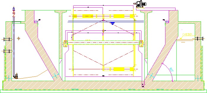 Obr. 3 Příkladné řešení 500 m³ aktivační čistírny STM zcela bez kalových čerpadel (v řezu)