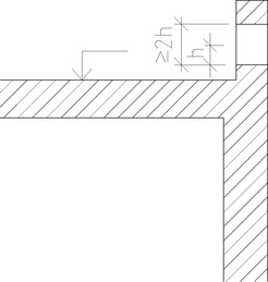 Obr. 1 – Nouzový přepad v atice střechy: h – největší návrhová výška přepadající vody nad spodní hranou konstrukce nouzového přepadu (tlaková výška)