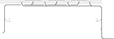 Obr. 3 – Nouzový podtlakový systém odvodnění střechy: 1 – nouzový podtlakový systém vyústěný na terén, 2 – podtlakový systém napojený na kanalizaci