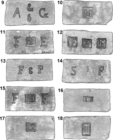 Obrázek 8: Druhá část typických reprezentantů odebraného souboru značených cihel z objektu bývalého sirotčince