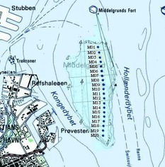 Mapa se zákresem polohy jednotlivých větrných elektráren v průlivu Middelgrunden východně od Kodaně. Repro archiv