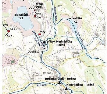 Obrázek 11: Orientační mapa odkališť K1 a K2 znázorňující povodí řeky Svratky | Zdroj: VTEI, 2012