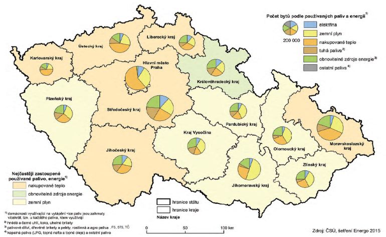 Domácnosti celkem podle používaných paliv na vytápění v krajích ČR v roce 2015