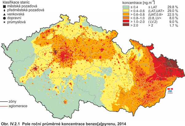 Obr. č. 6 Roční průměrné imisní koncentrace BaP v ČR v roce 2014