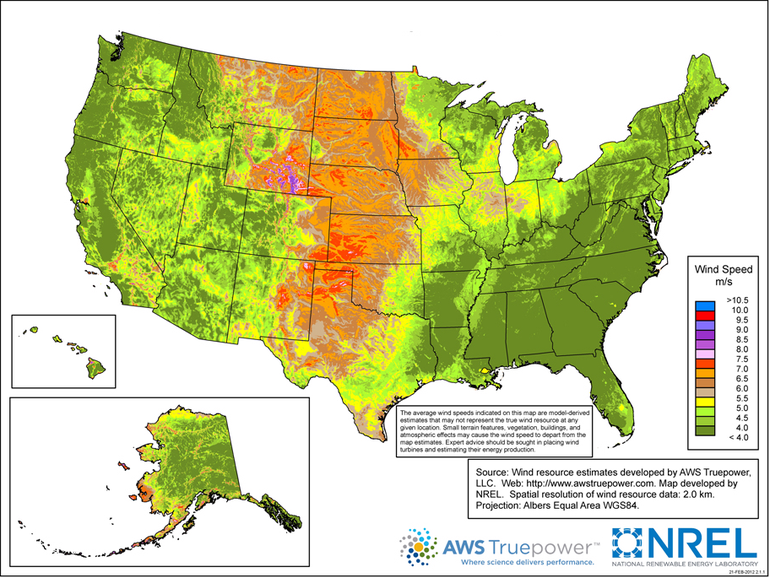 Obrázek 3. Mapa větrných zdrojů v USA.