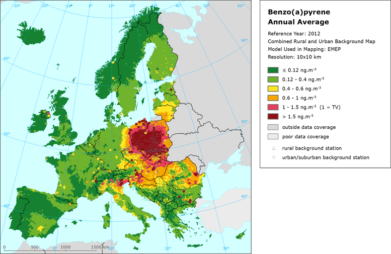 Obr. č. 1 Mapa roční průměrné imisní koncentrace benzo[a]pyrenu v Evropě, 2012, Guerreiro et al. [1]