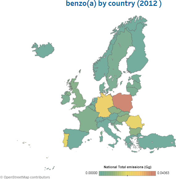 Obr. č. 3 Roční emise BaP v jednotlivých státech EU, rok 2012, EEA [2]