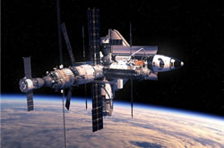 „Světelné receptury“ vyvinuté výzkumem osvětlení Osram v NASA lze použít v zařízení Advanced Plant Habitat (APH) na Mezinárodní vesmírné stanici ISS k produkci potravin ve vesmíru. Zde kotví raketoplán Space Shuttle u ISS. Fotografie: Osram