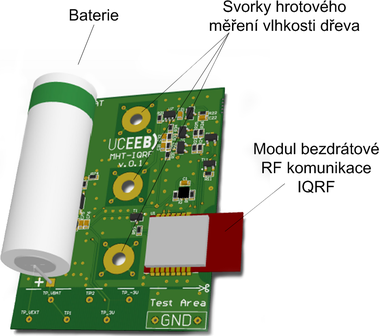 Obr. 7 – Elektronika bezdrtovho kombinovanho senzoru mcho teplotu, vzdunou vlhkost a hmotnostn vlhkost deva