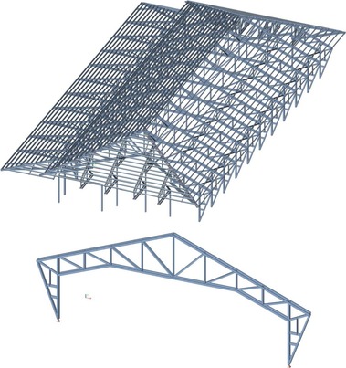 Obr. 12: Nosn devn konstrukce haly (vpotov model Scia Engineer) – celkov uspodn, detail phradov pn vazby