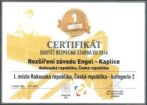 Certifikt za 1. msto v souti BEZPEN STAVBA EU 2016
