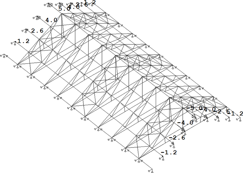 Obr. 12: Priestorov model kontrukcie s doplnenmi strenmi vystuovadlami a novmi ahadlami prienych vzieb