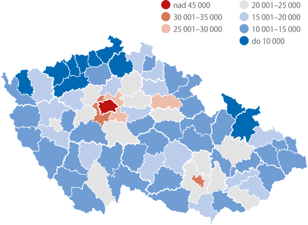 Průměrné kupní ceny bytů podle okresů, 2014–2016 (Kč/m²), Zdroj: ČSÚ