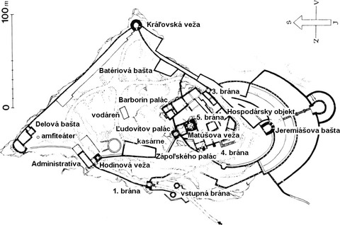 Obr. 1 Rozmiestnenie jednotlivch objektov Trenianskeho hradu [3]