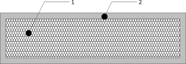 Obr. 1. Schma ezem vakuovho izolanho panelu, 1 – jdrov materil, 2 – oblka panelu