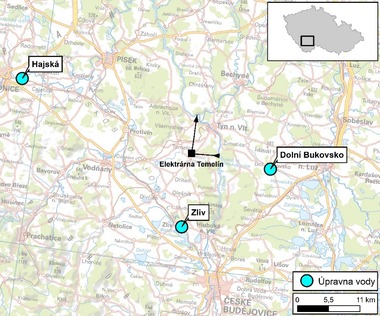 Obr. 1 Mapa sledovanch praven pitnch vod a istren odpadnch vod v okol JE Temeln