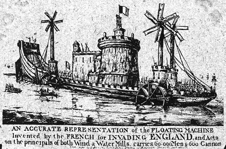 Větrnými rotory a kolesy hnaná invazní bitevní loď v představě neznámého kreslíře. (archiv autora, DTU a U.S. Navy)