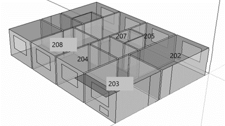 Obr. 6 Geometria viacznovho simulanho modelu asti bytovho domu (202 – obvacia izba, 203 – izba, 204 – izba, 205 – kuchya, 207 – kpea,  208 – spla)