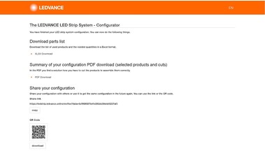 Závěrečná stránka výpočtu LED pásků a příslušenství, včetně reportů a přenosu konfigurace pomocí QR kódu.