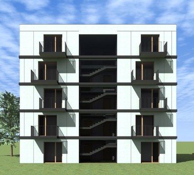 Obr. 1 Koncept bytového domu TiCo s pěti nadzemními podlažími. Zdroj: ČVUT UCEEB
