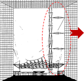Obr. 1a Vzpínadla s jedním křížem stabilizující výtah Grande Arche v Paříži