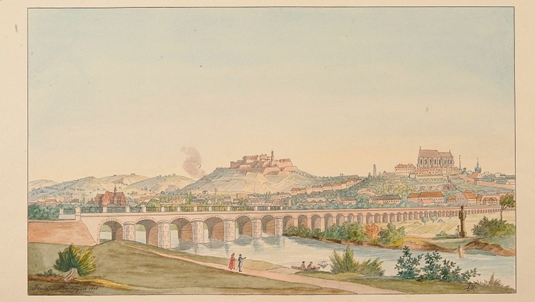 Železniční viadukt Brno 1838, dobová kresba, zdroj – Archiv města Brna