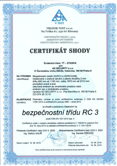 Certifikt shody na bezpenostn dvee RC3. Obsahuje slo certifiktu, nzev vrobku, identifikaci vrobce, proveden dve, bezpenostn tdu a platnost certifiktu