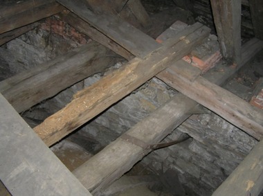 Obr. 2: Přítomnost tesaříka krovového v trámech nesoucích podlahu půdního prostoru; sv. Barbora v Otovicích