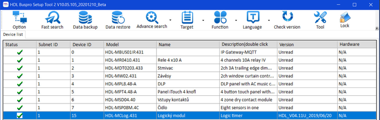 Obr. 2 HDL Buspro: Zkladn obrazovka nstroje HBST2 k nastaven systmu